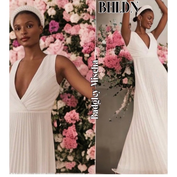 BHLDN x Badgley Mischka Sloane Size 6 Ivory Pleated Maxi Wedding Dress - Picture 2 of 13
